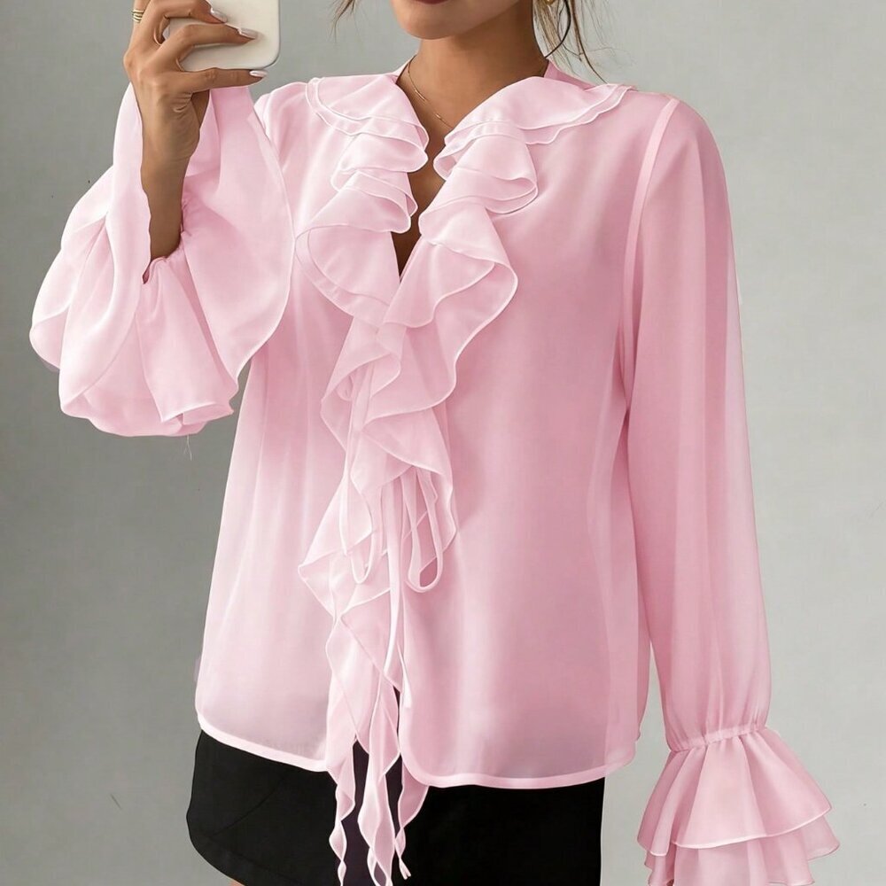 Pink Casual Women's French Elegant Chiffon Lantern Sleeve V Neck Blouse - Picture 5 of 6